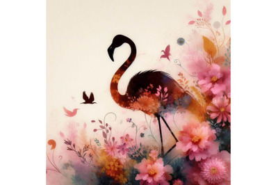 4 set of pink flamingo with flowers. digital paint