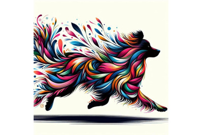 4 set of Running colorful dog. Running colorful long-haired dog