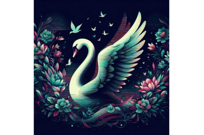 4 set of Swan in Glitch Art Style on Dark Background