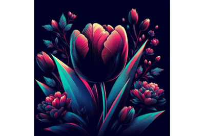 4 set of tulip in Glitch Art Style on Dark Background