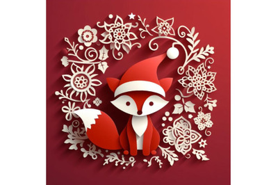 4 set of Vector cute christmas paper cut 3d fox with shadow