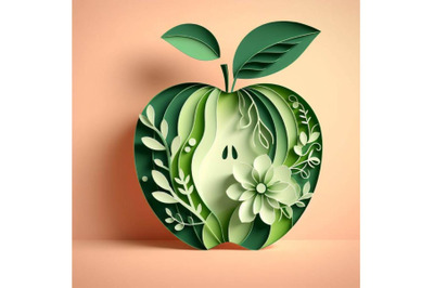 4 set of Vector paper cut green apple fruit, cut shapes. 3D