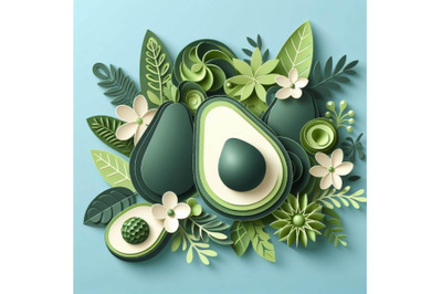 4 set of Vector paper cut green avocado fruit, cut shapes. 3D