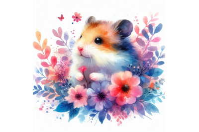 4 set of Watercolor cute hamster with painted flower