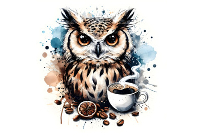 4 coffee and owl illustration with splash watercolor textured backgrou