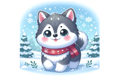 4 cute adorable husky in snowfall