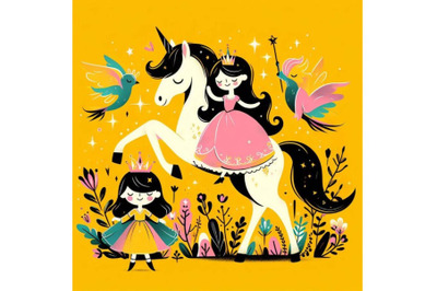 4 Cute Cartoon fairy tale Princess and Unicorn