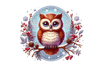 4 Cute owl on branch in winter oval frame with snowflakes