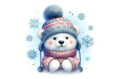 4 Cute polar bear in a knitted hat with snowflake watercolor backgroun