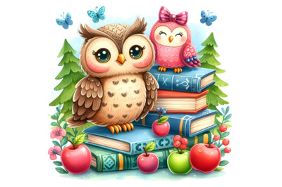 4 cute watercolor owl bird with school books illustration