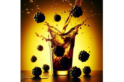 4 Fresh blackberries fall into a glass with juice generating a splash