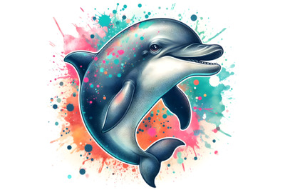 4 Funny dolphin with watercolor splash textured background. fashion pr