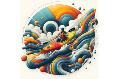4 kayaker in canoe with a life vest and paddle over colorful abstract