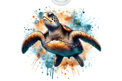 4 sea turtle illustration with splash watercolor textured background