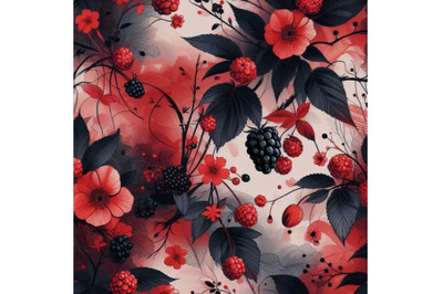 4 Seamless floral background with blackberry fruits and flowers