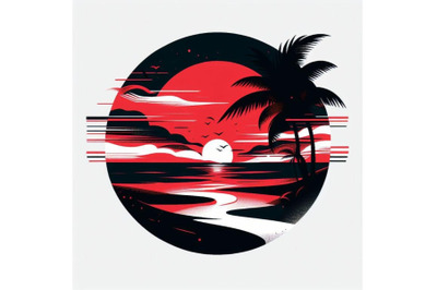 4 Sunset on the beach with palm silhouette, vector