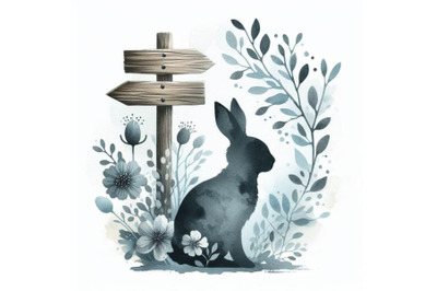 4 Watercolor Easter bunny with signpost in gray and blue color isolate
