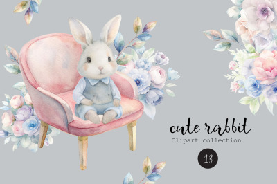 Watercolor clipart cute rabbit