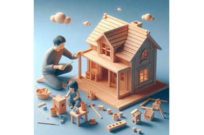 4 A father finishing to paint a wooden toy house for his daughter