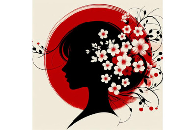 4 Beautiful spring girl silhouette. Floral woman head in circle
