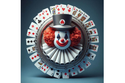 4 Clown from circus in hubcap with playing cards