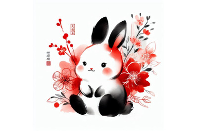 4 Cute watercolor baby bunny with flowers isolate on white background
