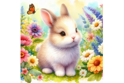 4 Cute Rabbit Standing in a flower garden