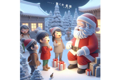 4 Kids meet santa during Christmas. Kids joyfully seeing Santa hoped f