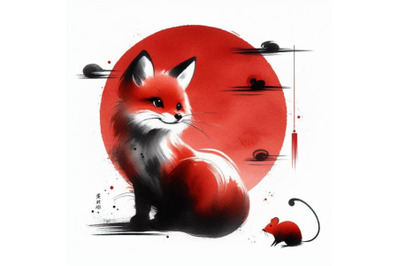 4 Little Cute watercolor lovely fox with mouse isolate on white backgr