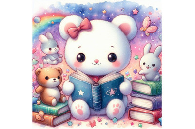 4 Cute white animal reading book