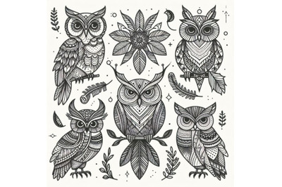 4 Decorative owls. Tribal decoration of wild birds