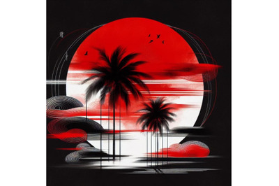 4 Palm trees in front of a abstract sun