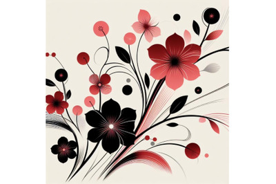 4 Retro spring flowers. Stylized abstract pink and black flowers