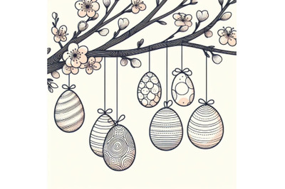 4 Easter eggs hanging on plum branch
