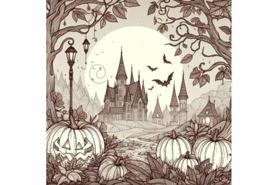 4 Halloween pumpkin in spooky autumn forest
