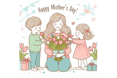 4 Happy mother`s day! Children congratulates moms and gives her a gift
