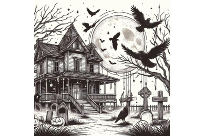 4 Haunted House with Crows and Horror Scene
