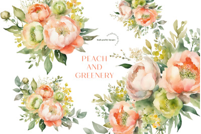 Peach Greenery Flowers Bouquets Clipart