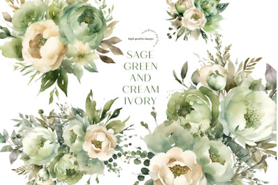 Sage Green Flowers Bouquets Clipart&2C; Ivory Cream Floral