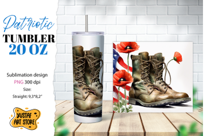 Patriotic tumbler. Boots and poppy flowers sublimation PNG