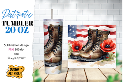 Patriotic tumbler. Boots and poppy flowers sublimation PNG