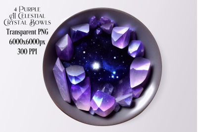 4 Purple AI Celestial Crystal Bowls - Flat Lay &amp; Angled