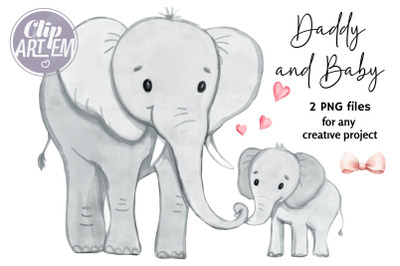 Father Daddy  and Baby Elephant  Watercolor 2 PNG Clip Art Images Set