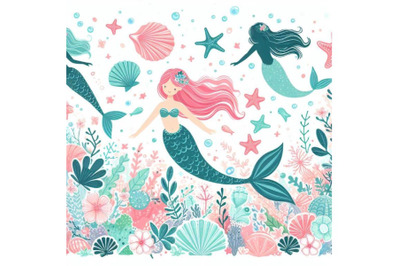 4 Silhouette of swimming mermaids, mermaid tail, shells and starfish