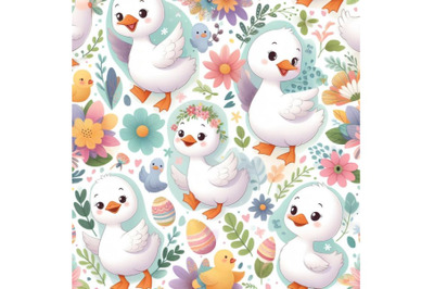 4 Cute cartoon Geese floral abstract background