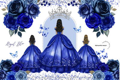 Royal Blue Princess Dress Butterfly Clipart, Royal Blue Flowers