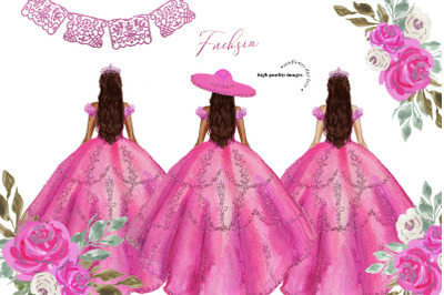 Princess Silver Pink Fuchsia Dress Floral Clipart