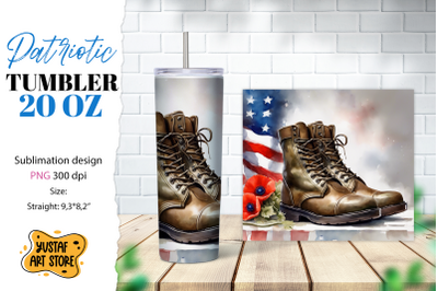 Patriotic tumbler. Boots and poppy flowers sublimation PNG