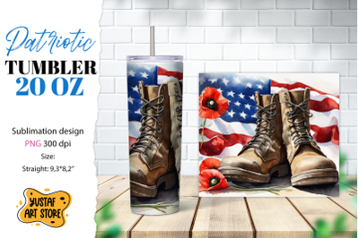 Patriotic tumbler. Boots and poppy flowers sublimation PNG