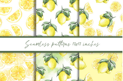 6 patterns with lemons | Watercolor digital paper
